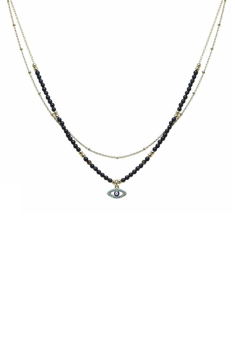2 Layered Metal Seed Bead Evil Eye Pendant Necklace - Kreative Passions