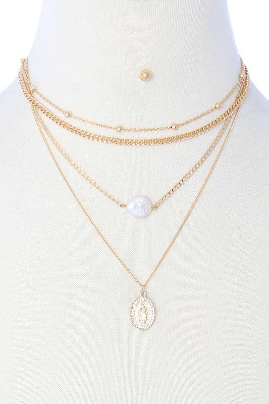 4 Layered Metal Chain Pearl Pendant Necklace Earring Set - Kreative Passions
