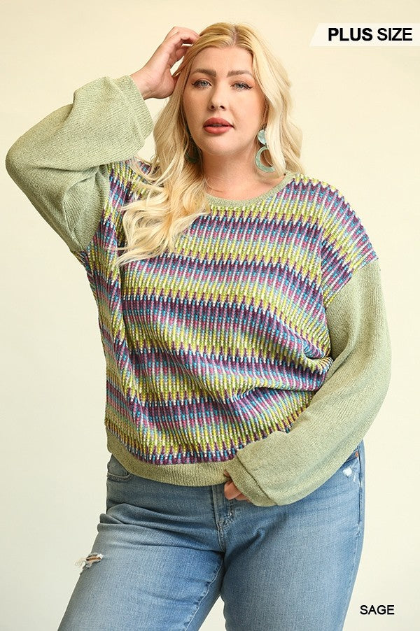 Plus Size Novelty Knit And Solid Knit Mixed Loose Top