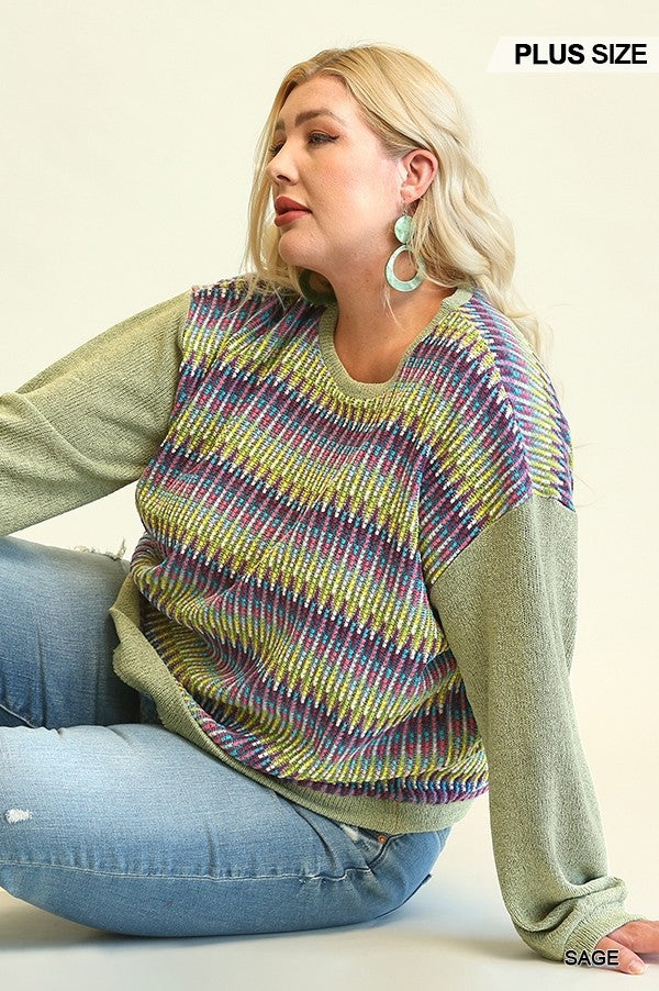 Plus Size Novelty Knit And Solid Knit Mixed Loose Top