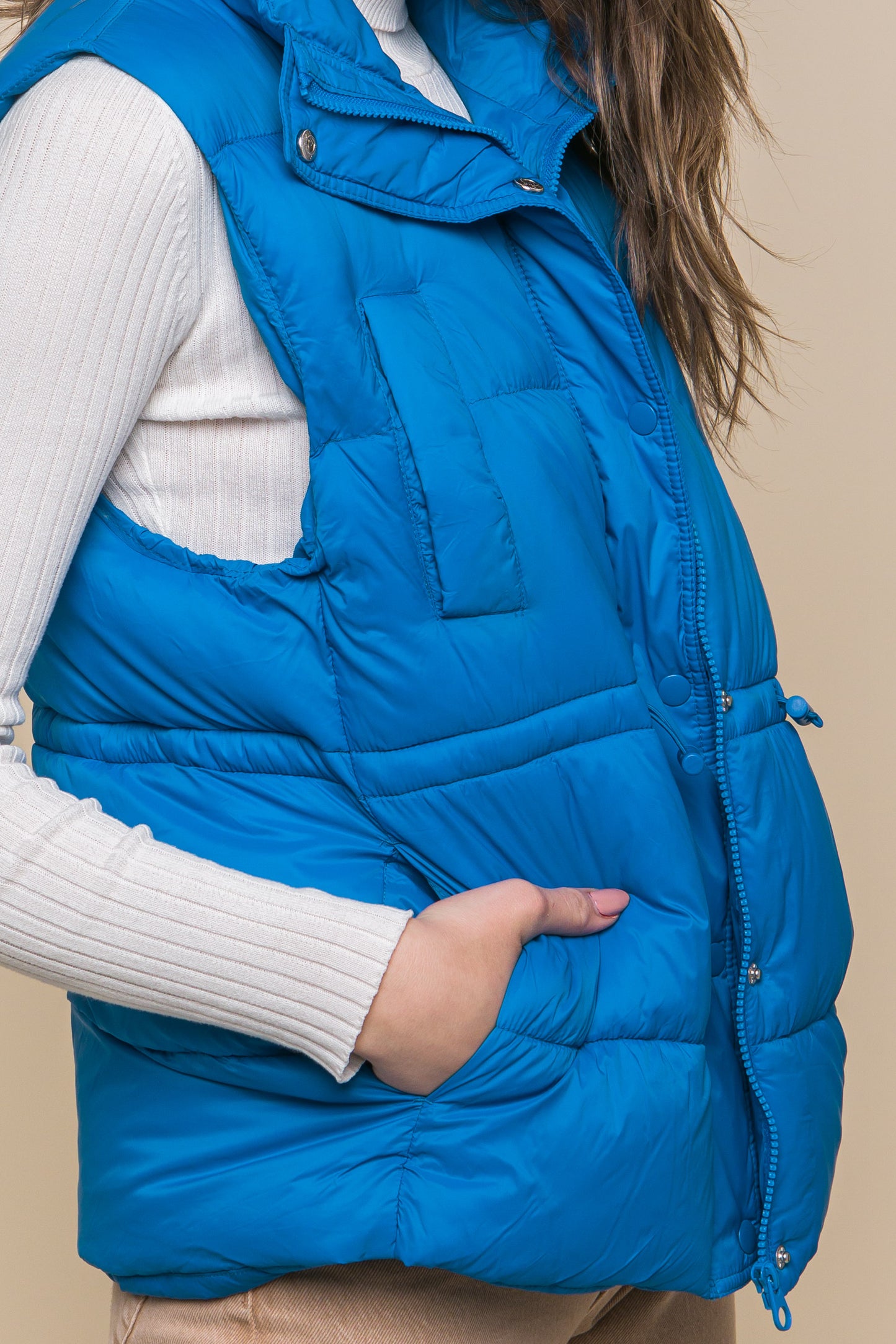 Zip Up Button Puffer Vest With Waist Toggles
