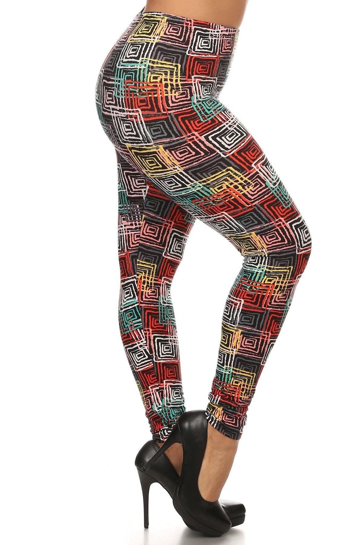 Abstract Geometric Printed Knit Legging With Elastic Waistband, And High Waist Fit - Kreative Passions