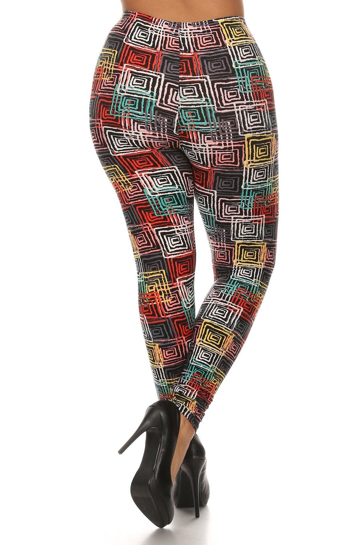 Abstract Geometric Printed Knit Legging With Elastic Waistband, And High Waist Fit - Kreative Passions