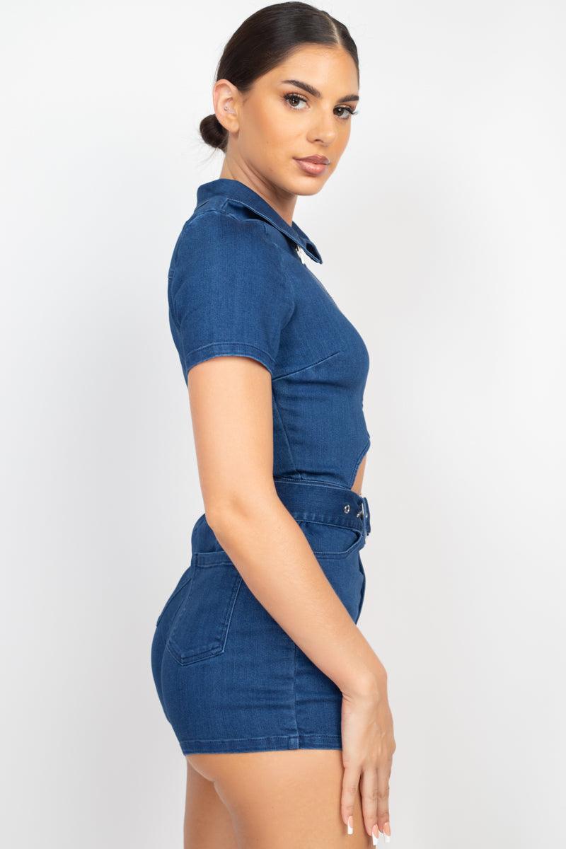 Belted Zip-up Denim Romper - Kreative Passions