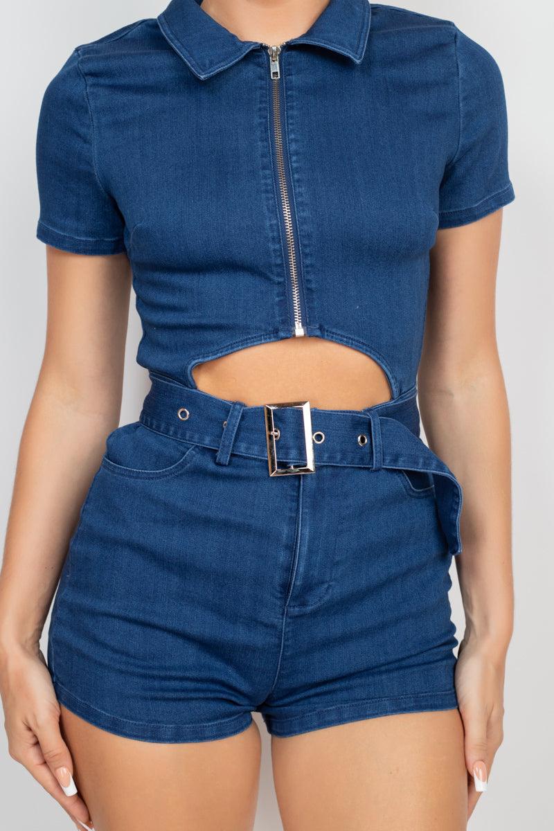 Belted Zip-up Denim Romper - Kreative Passions