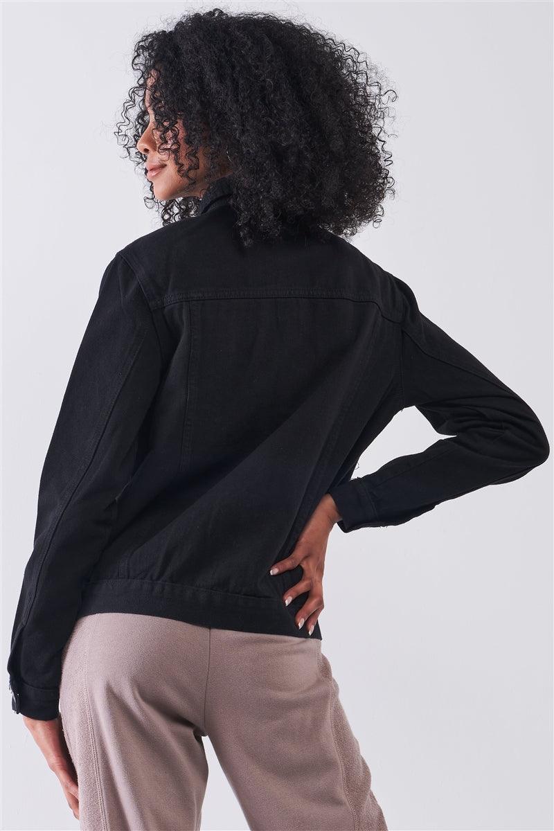 Black Oversized Long Sleeve Classic Denim Jacket - Kreative Passions