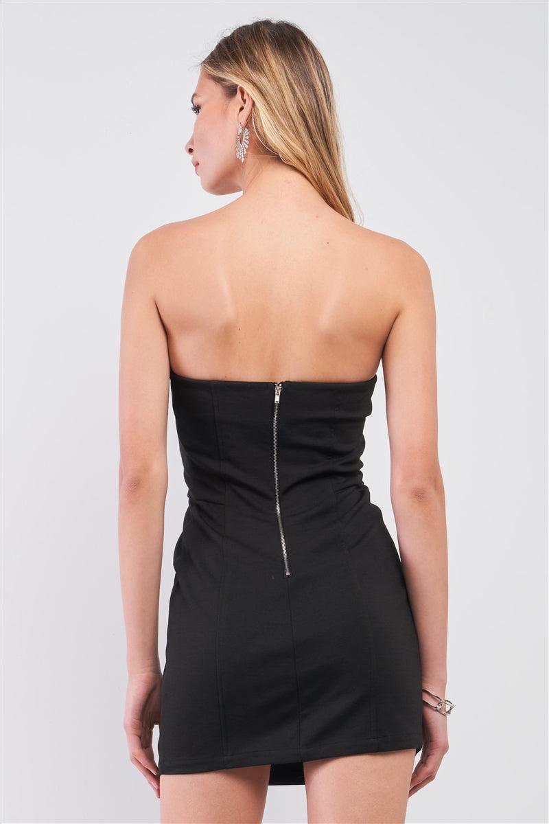Black Sleeveless Leather Insert Trim Sweetheart Neck Mini Dress - Kreative Passions