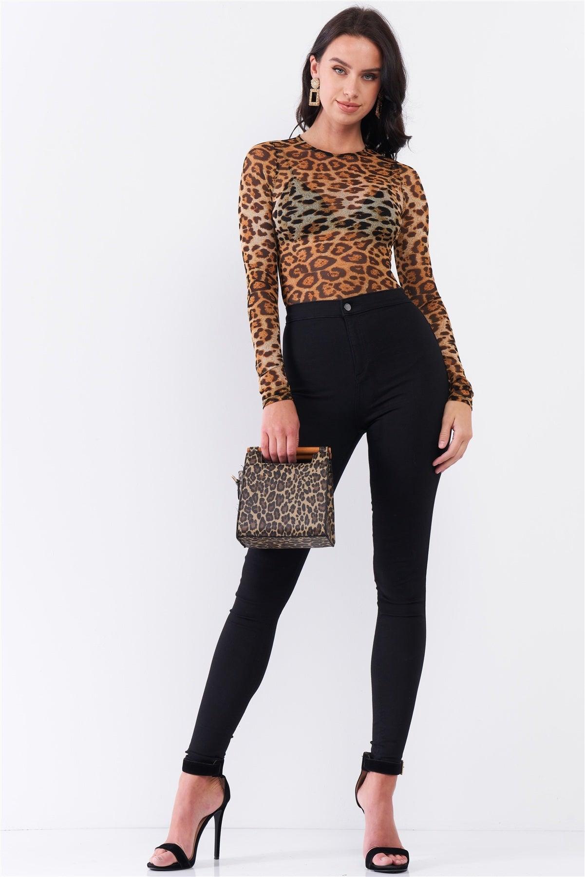 Brown Leopard Print Sheer Mesh Crew Neck Long Sleeve Bodysuit Top - Kreative Passions
