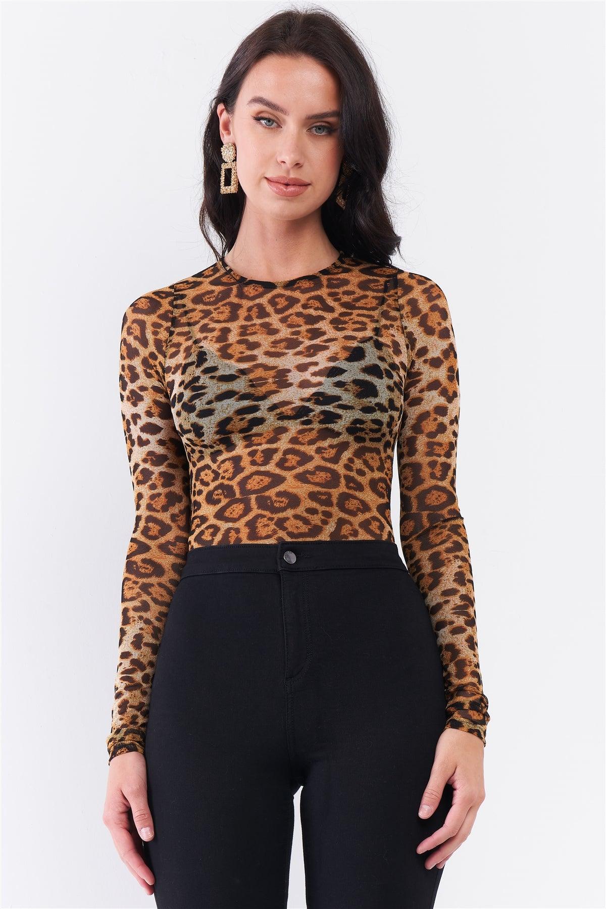 Brown Leopard Print Sheer Mesh Crew Neck Long Sleeve Bodysuit Top - Kreative Passions