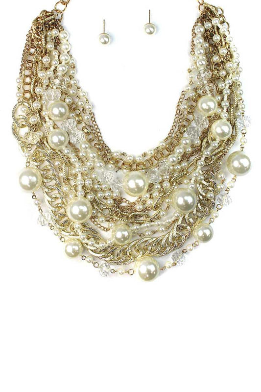 Chunky Pearl Metal Layered Necklace Earring Set - Kreative Passions