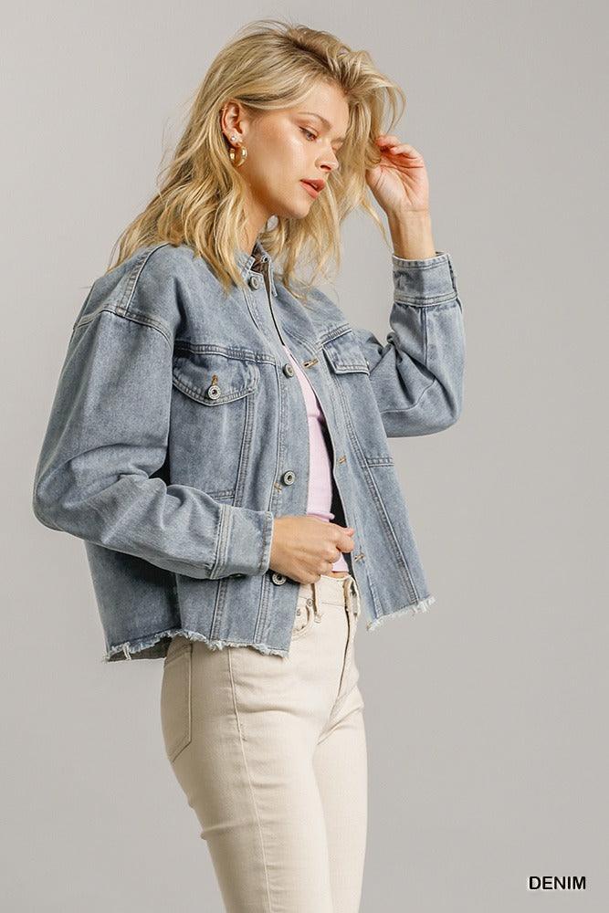 Collar Button Down Denim Jacket With Chest Pockets - Kreative Passions