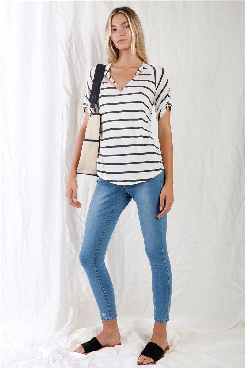 Cream & Grey Striped V-neck With Vegan Leather Detail Short Roll Up Sleeve Relaxed Fit Top - Kreative Passions