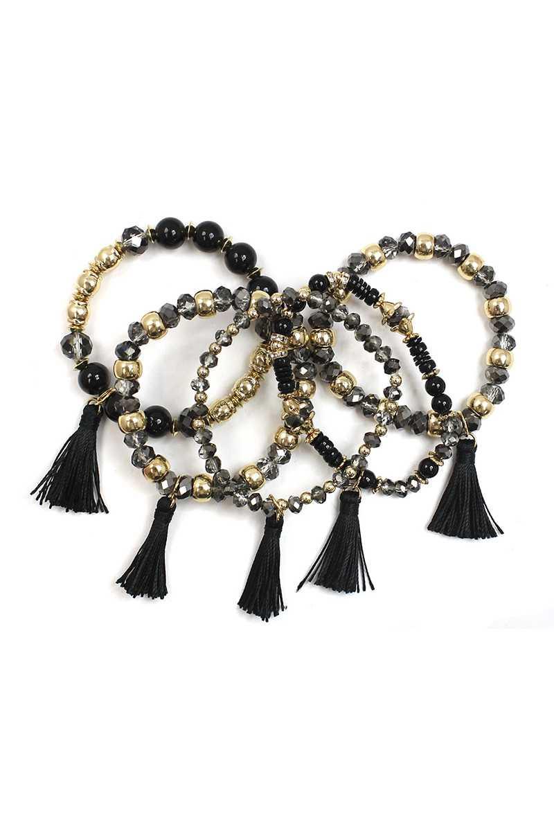 Crystal Stone Ball Bead Tassel Stretch Bracelet Set - Kreative Passions