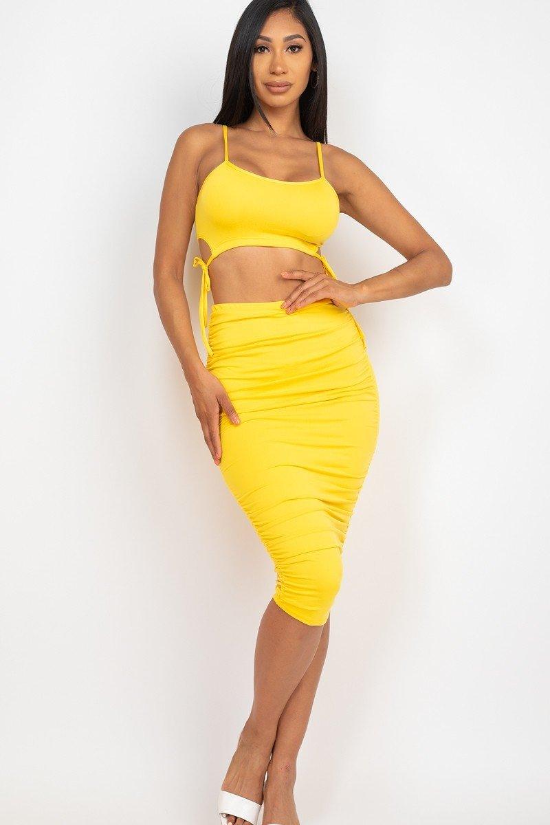 Cut-out Tie Side Crop Top & Ruched Midi Skirt Set - Kreative Passions