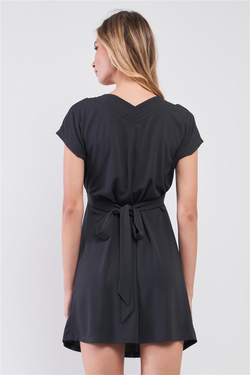 Dusty-navy V-neck Short Sleeve Front Rhombus Detail Back Tie Mini Dress - Kreative Passions