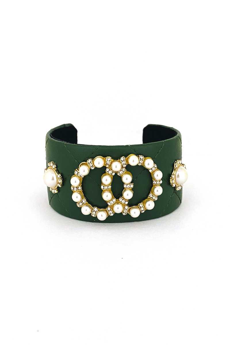 Fashion Pearl Double Round Studded Faux Leather Cuff Bracelet - Kreative Passions