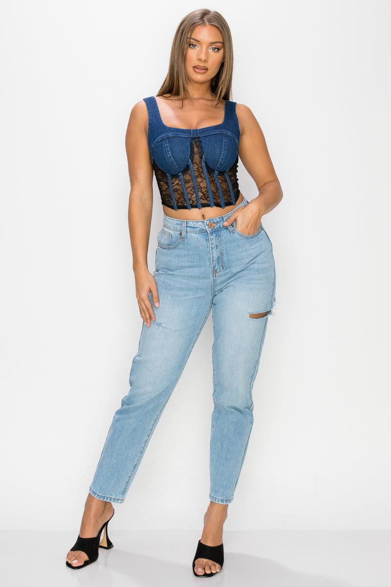 Floral Lace And Denim Crop Top - Kreative Passions