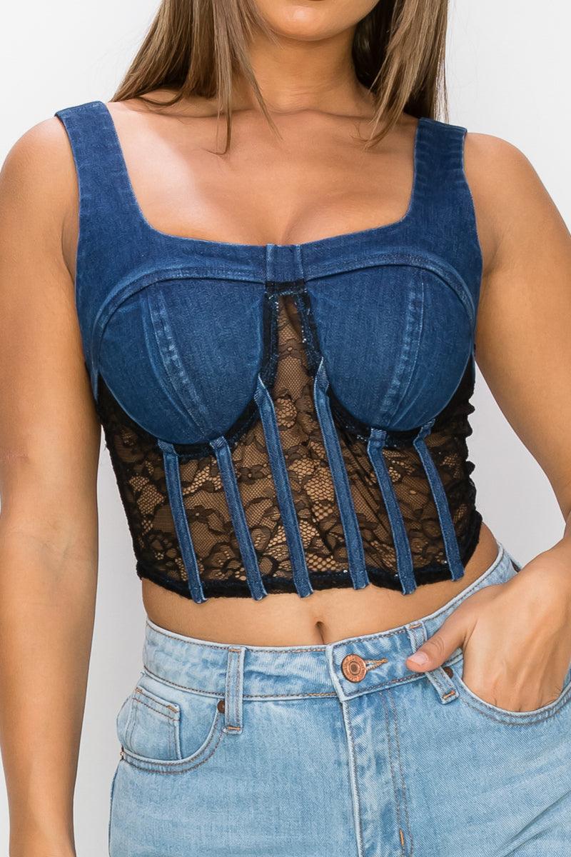 Floral Lace And Denim Crop Top - Kreative Passions