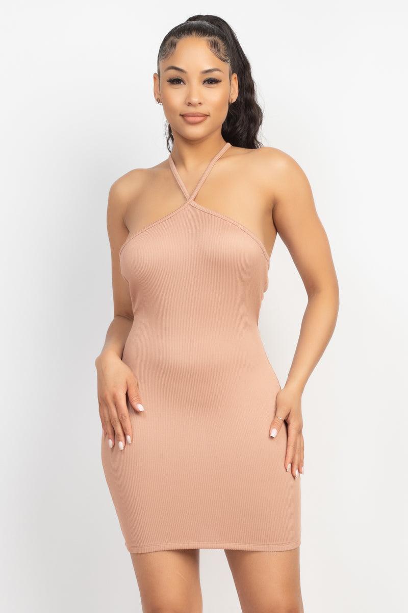 Halter Neck Ribbed Seamless Cut-out Dress - Kreative Passions