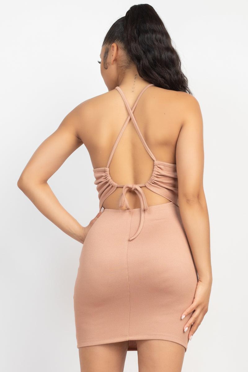 Halter Neck Ribbed Seamless Cut-out Dress - Kreative Passions