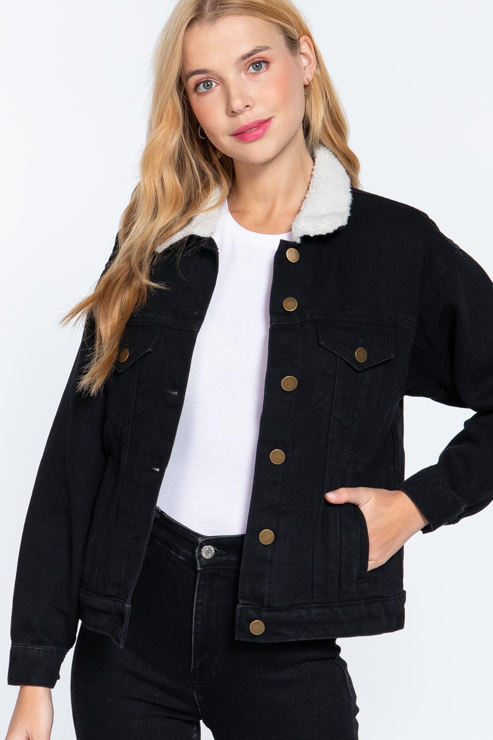 Inner Fur Black Oversized Denim Jacket - Kreative Passions