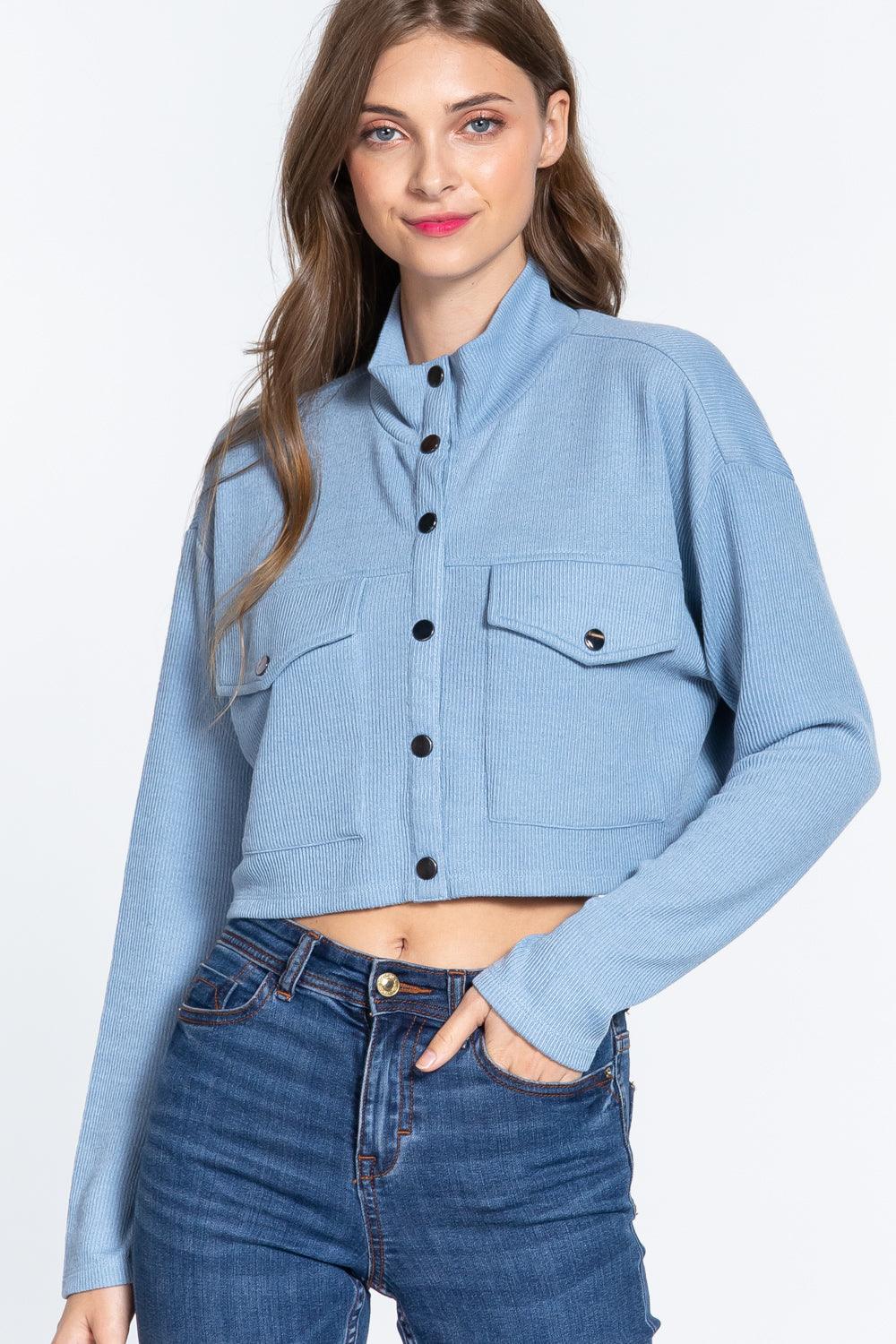 Long Slv Snap Button Crop Jacket - Kreative Passions