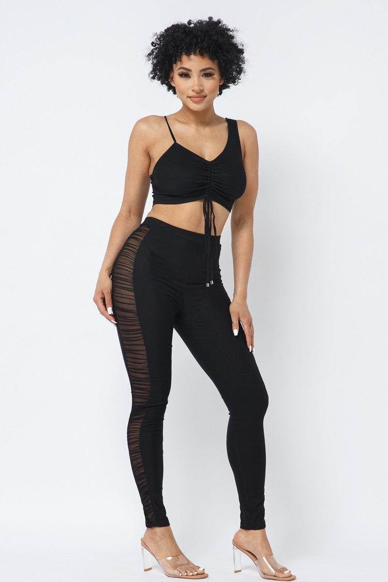 Mesh Strappy Adjustable Ruched Crop Top With Matching See Through Side Panel Leggings Set - Kreative Passions