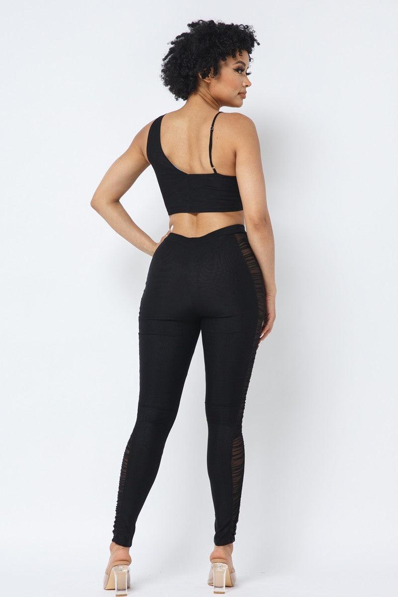 Mesh Strappy Adjustable Ruched Crop Top With Matching See Through Side Panel Leggings Set - Kreative Passions