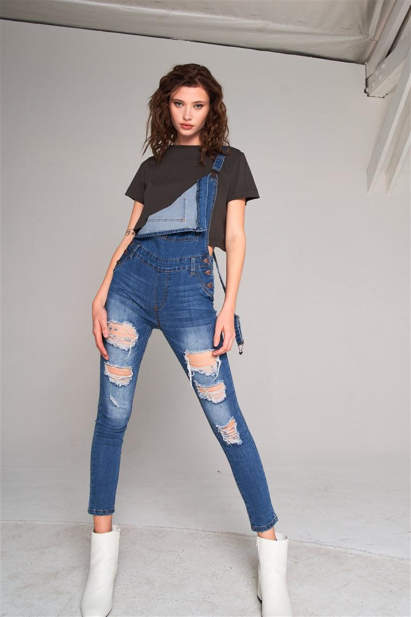 Mid-blue Wash Ripped Sleeveless Square Neck Front Pocket Skinny Denim Overall - Kreative Passions
