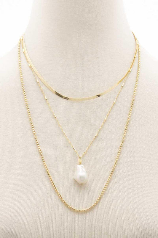 Pearl Herringbone Link Layered Necklace - Kreative Passions