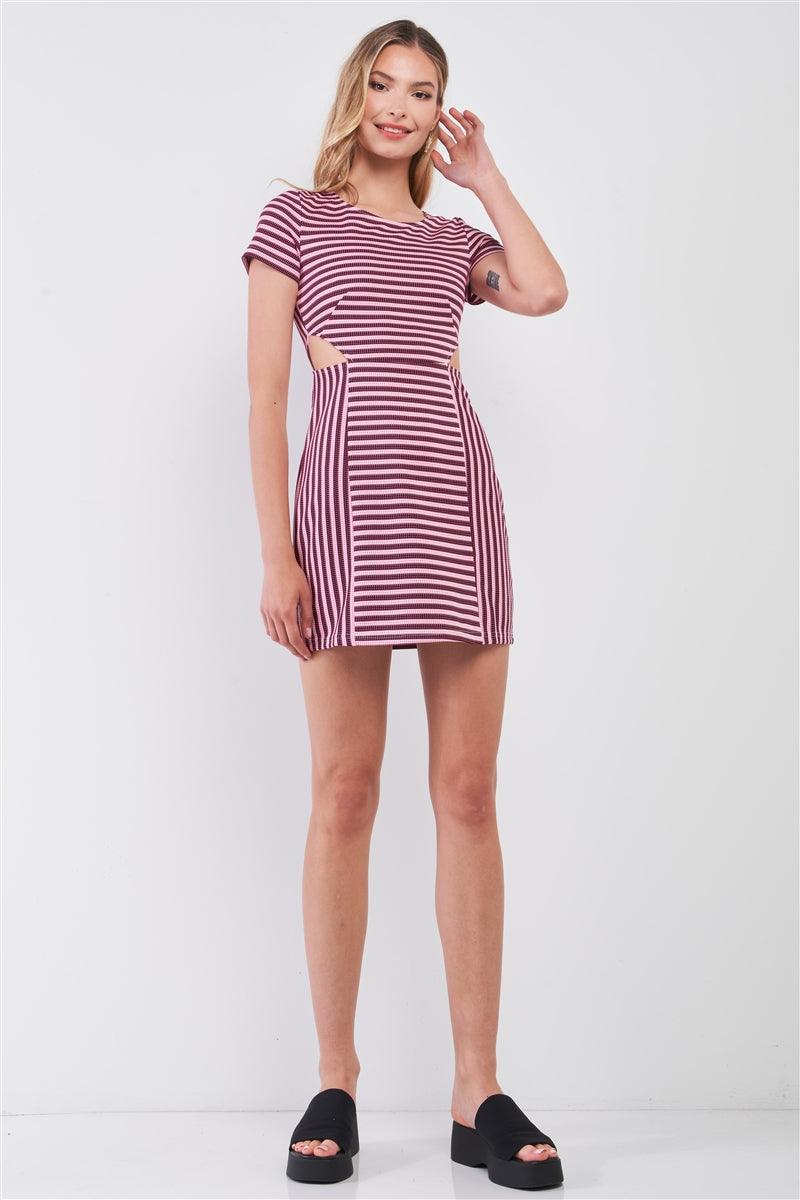 Pink & Black Striped Short Sleeve Cut-out Detail Tight Fit Mini Dress - Kreative Passions