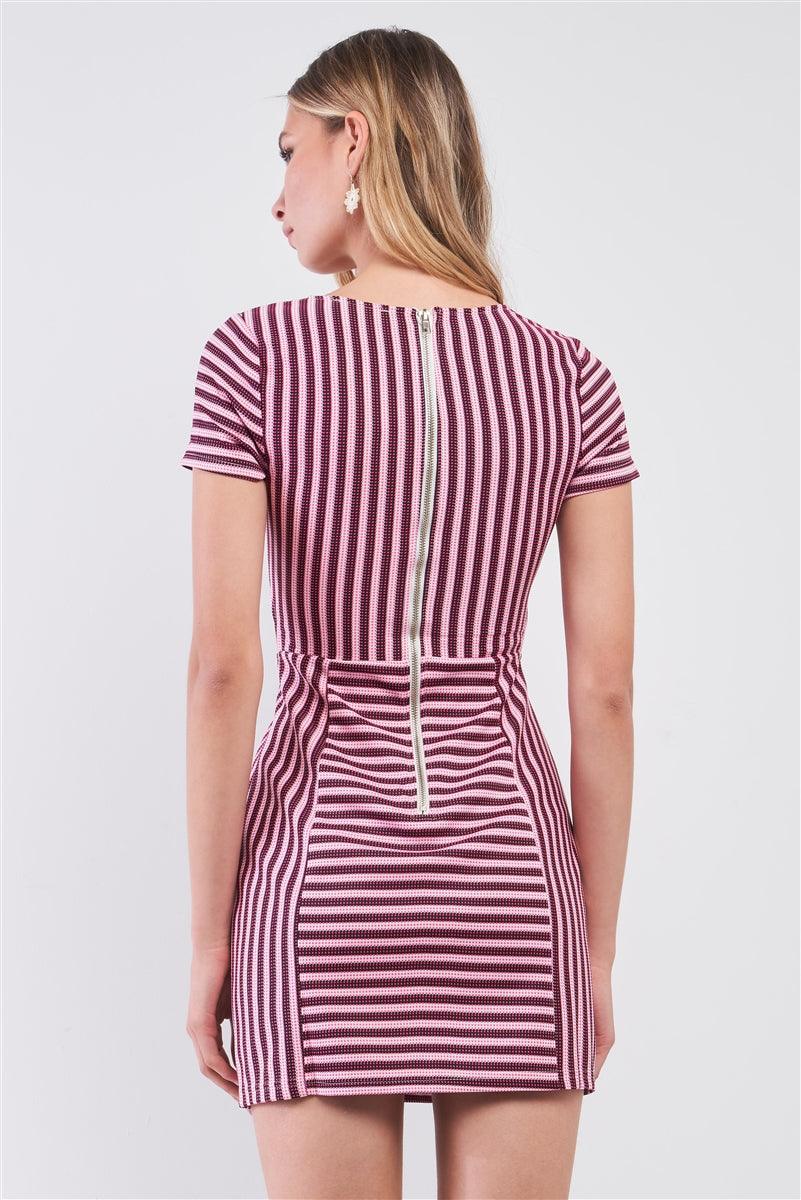 Pink & Black Striped Short Sleeve Cut-out Detail Tight Fit Mini Dress - Kreative Passions