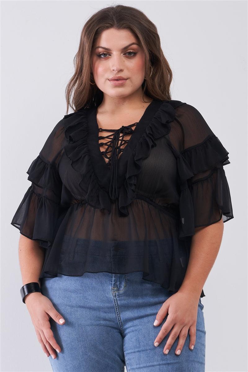 Plus Sheer Mesh Ruffle Lace-up V-neck Detail Wide Sleeve Relaxed Top - Kreative Passions