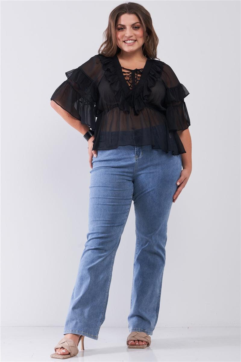 Plus Sheer Mesh Ruffle Lace-up V-neck Detail Wide Sleeve Relaxed Top - Kreative Passions