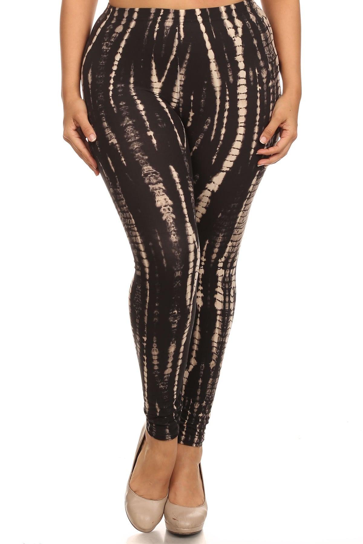 Plus Size Black And Tan Tie Dye Print Full Length Fitted Leggings With High Waist. - Kreative Passions