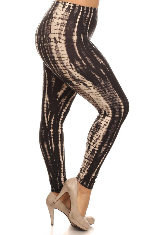 Plus Size Black And Tan Tie Dye Print Full Length Fitted Leggings With High Waist. - Kreative Passions