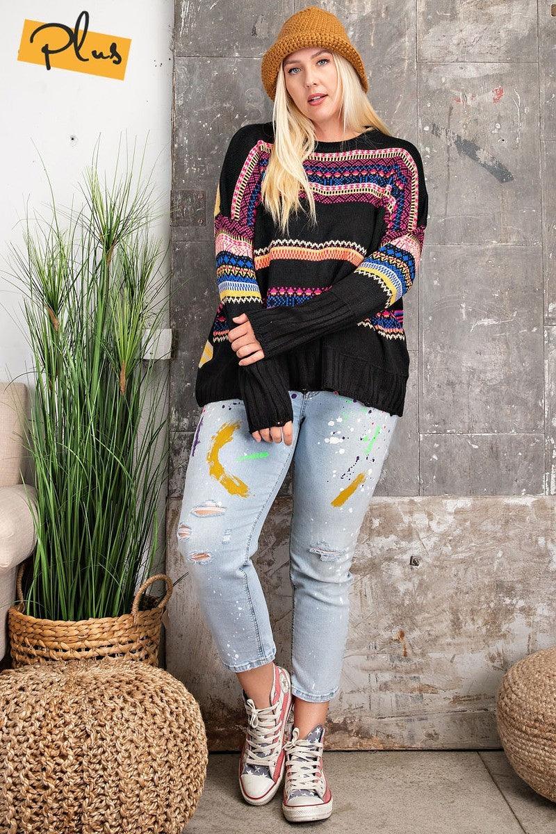 Plus Size Boho Patterned Knitted Sweater Pullover - Kreative Passions