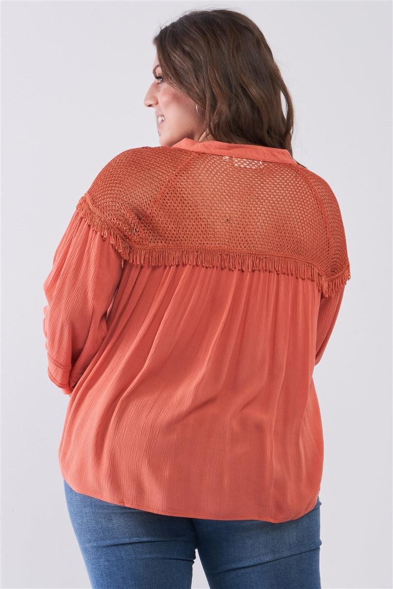 Plus Size Boho Sheer Net Mesh Detail Relaxed Top - Kreative Passions
