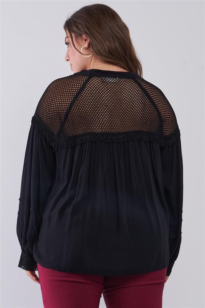 Plus Size Boho Sheer Net Mesh Detail Relaxed Top - Kreative Passions