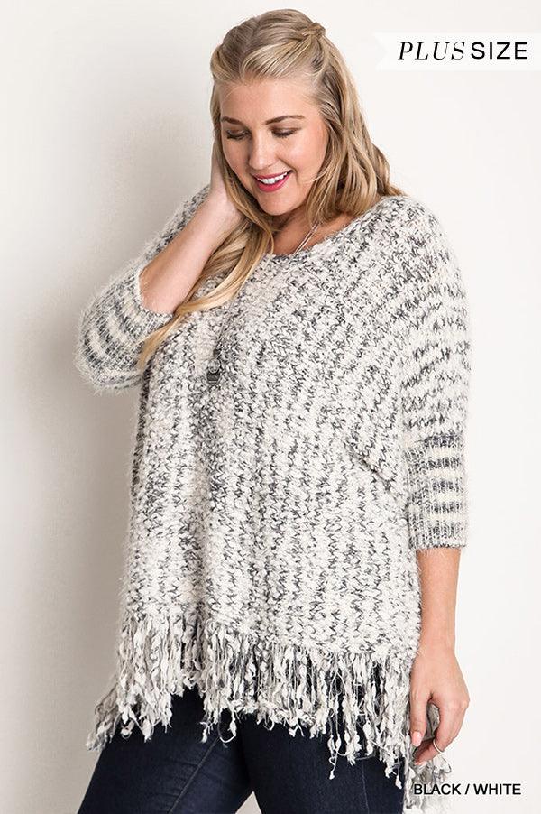 Plus size Chunky Knit Sweater Frayed Trim Top - Kreative Passions