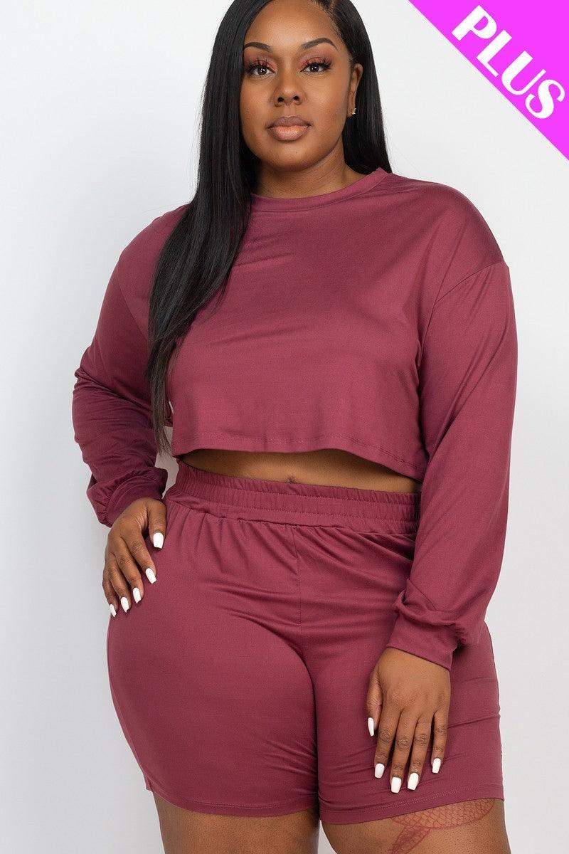 Plus Size Cozy Crop Top And Shorts Set - Kreative Passions
