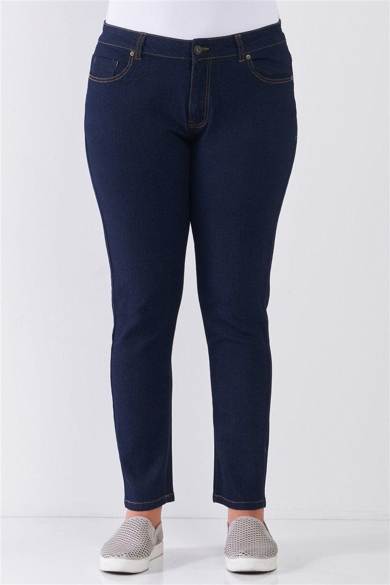 Plus size Dark Blue Denim Mid-rise Skinny Jeans - Kreative Passions