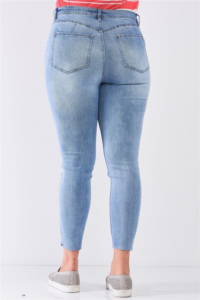 Plus Size Denim Mid-rise Raw Hem Detail Ripped Skinny Jean Pants - Kreative Passions