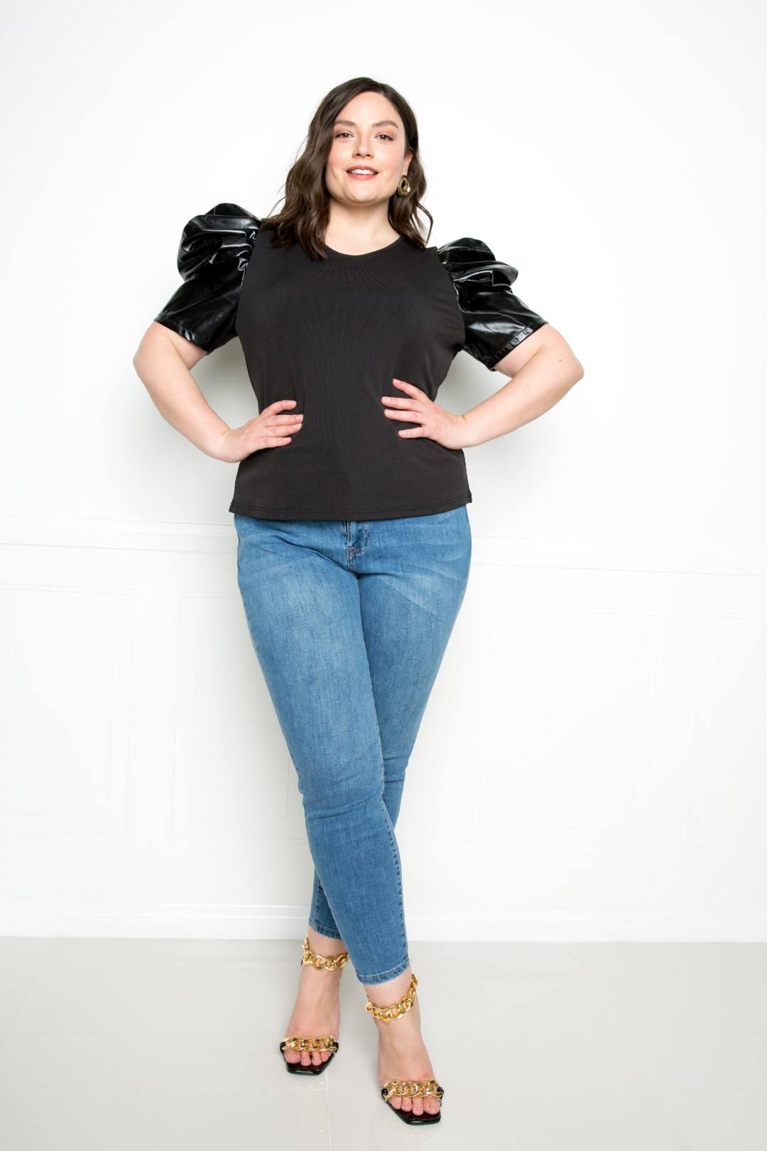 Plus size Faux Leather Puff Sleeve Top - Kreative Passions