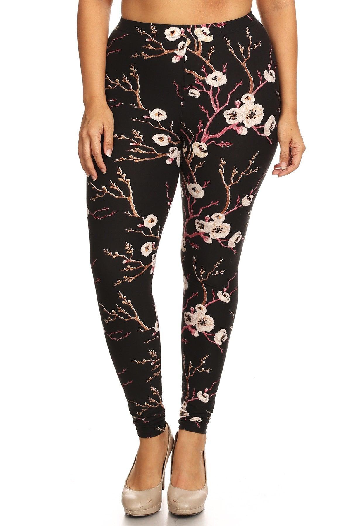 Plus Size Floral Print, Full Length Leggings In A Slim Fitting Style With A Banded High Waist - Kreative Passions