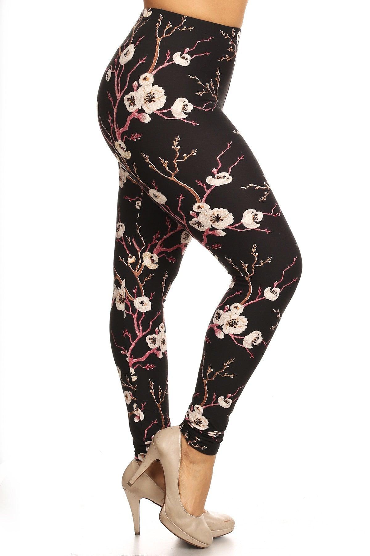 Plus Size Floral Print, Full Length Leggings In A Slim Fitting Style With A Banded High Waist - Kreative Passions