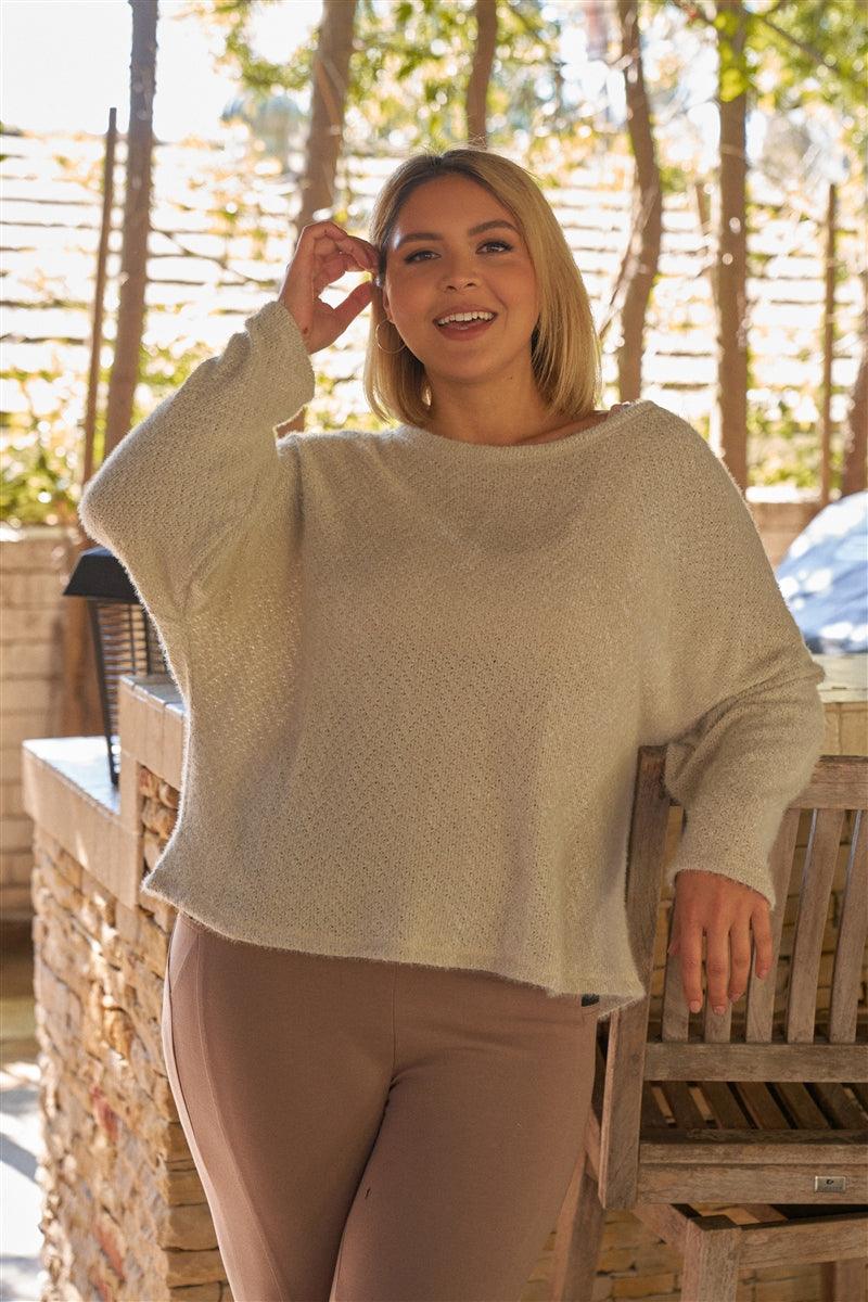 Plus size Light-grey Fuzzy Round Neck Long Sleeve Relaxed Fit Cozy Top - Kreative Passions