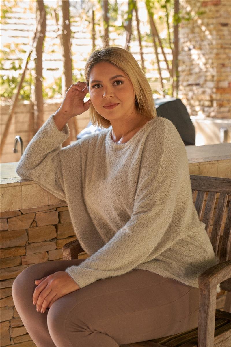 Plus size Light-grey Fuzzy Round Neck Long Sleeve Relaxed Fit Cozy Top - Kreative Passions