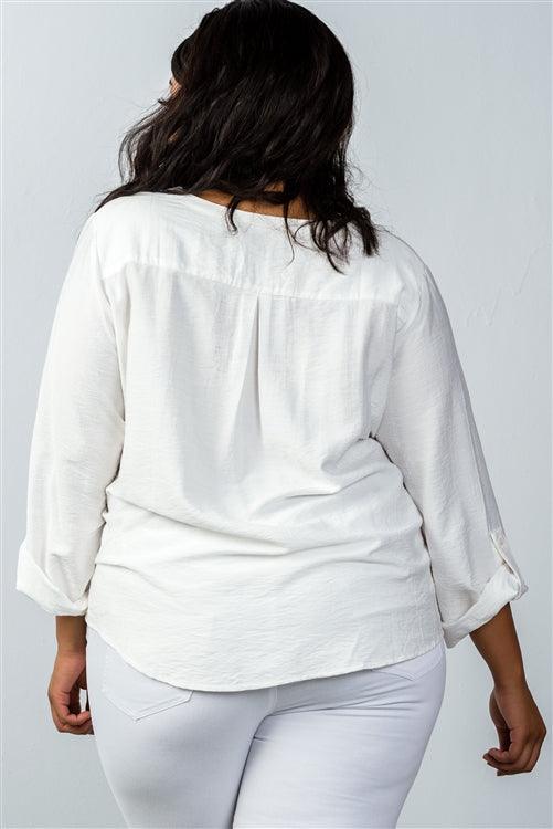 Plus Size Oatmeal Stand-up Collar Roll Tab Sleeve Blouse - Kreative Passions