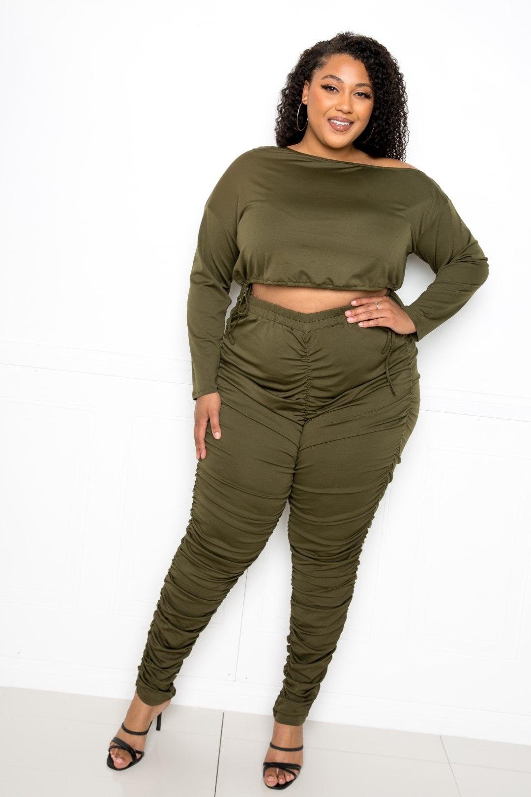 Plus Size Off Shoulder Cropped Top And Ruched Leggings Set - Kreative Passions